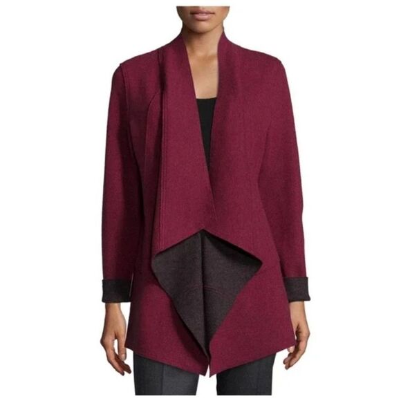 Eileen Fisher Burgundy Structured Moto Long Jacket Cardigan Medium Merino Wool - Picture 4 of 11